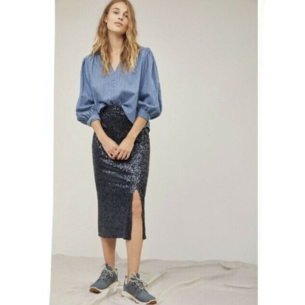 NWT Anthropologie Maeve Alicia Sequined Pencil Midi Skirt Dark Blue